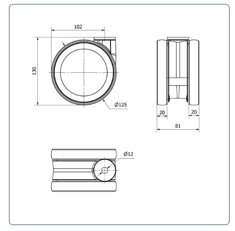 PU voor ziekenhuis Dubbel zwenkwiel met centraal gat - 125mm - 125kg Kogellager