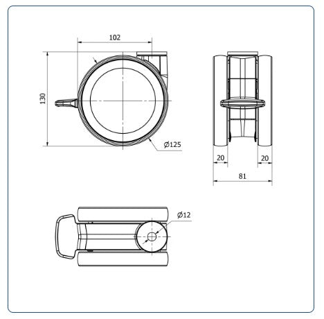 PU voor ziekenhuis Dubbel zwenkwiel geremd met centraal gat - 125mm - 125kg Kogellager