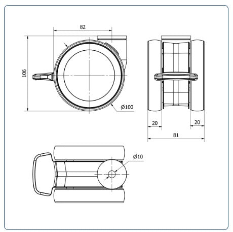 PU voor ziekenhuis Dubbel zwenkwiel geremd met centraal gat - 100mm - 125kg Kogellager