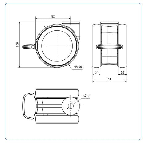 PU voor ziekenhuis Dubbel zwenkwiel geremd met centraal gat - 100mm - 125kg Kogellager