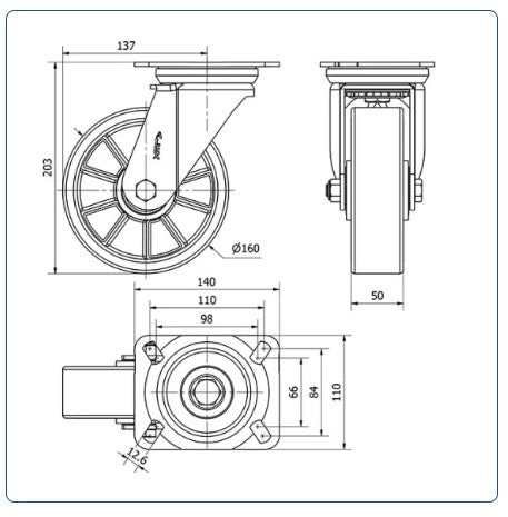 PU aluminium  zwenkwiel met topplaat versterkt  - 160mm - 600kg Kogellager