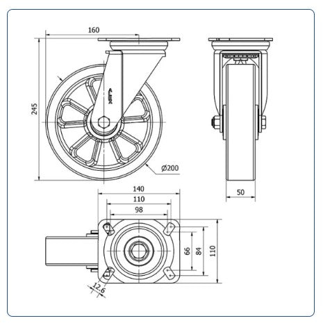 PU aluminium  zwenkwiel met topplaat versterkt  - 200mm - 700kg Kogellager
