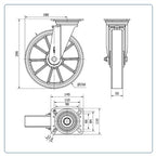 PU aluminium  zwenkwiel met topplaat versterkt  - 250mm - 700kg Kogellager