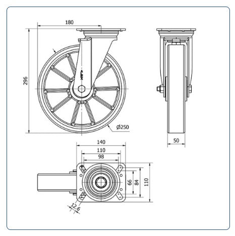 PU aluminium  zwenkwiel met topplaat versterkt  - 250mm - 700kg Kogellager