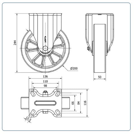 PU aluminium  zwenkwiel bokwiel versterkt  - 200mm - 700kg Kogellager