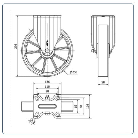 PU aluminium  zwenkwiel bokwiel versterkt  - 250mm - 700kg Kogellager