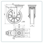 PU aluminium  zwenkwiel geremd  met topplaat versterkt  - 200mm - 700kg Kogellager