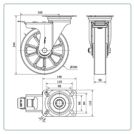 PU aluminium  zwenkwiel geremd  met topplaat versterkt  - 200mm - 700kg Kogellager