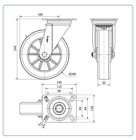 Premium PU aluminium  zwenkwiel met topplaat versterkt  - 200mm - 700kg Kogellager