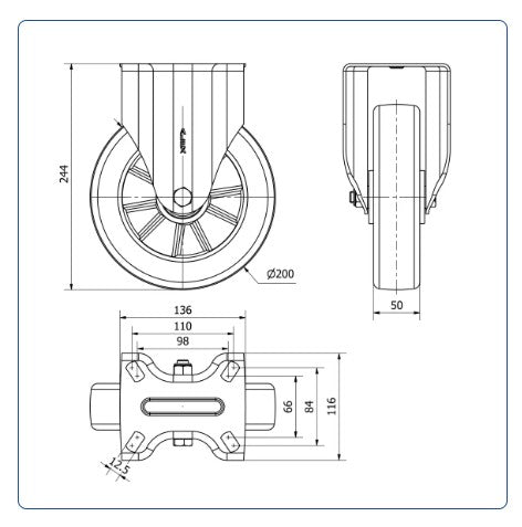 Premium PU aluminium  bokwiel versterkt  - 200mm - 700kg Kogellager