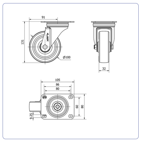 PU zwenkwiel met topplaat - 100mm - 180kg Rollen
