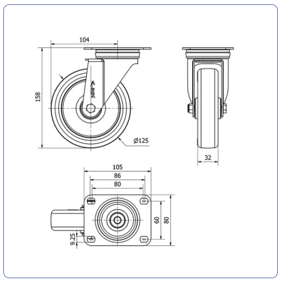 PU zwenkwiel met topplaat - 125mm - 180kg Rollen