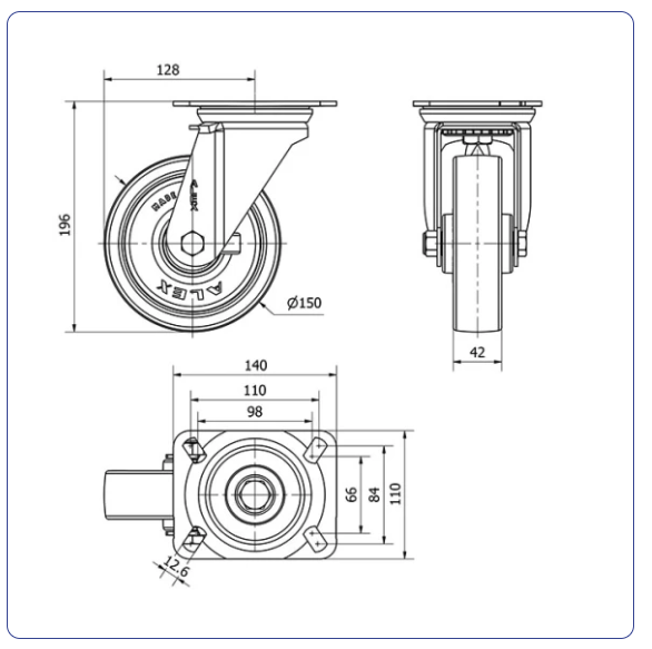 PU zwenkwiel met topplaat - 150mm - 300kg Rollen