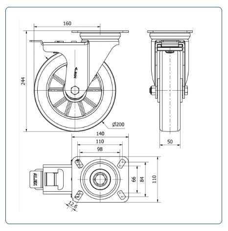 Premium PU aluminium  zwenkwiel geremd met topplaat versterkt  - 200mm - 700kg Kogellager