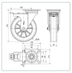 Premium PU aluminium  zwenkwiel geremd met topplaat versterkt  - 200mm - 700kg Kogellager