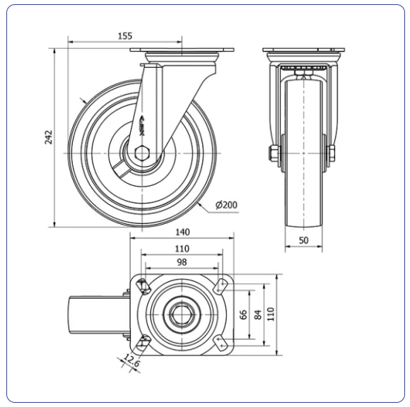 PU zwenkwiel met topplaat - 200mm - 400kg Rollen