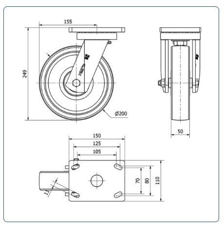 Nylon zwaarlast zwenkwiel - 200mm - 1000kg Kogellager