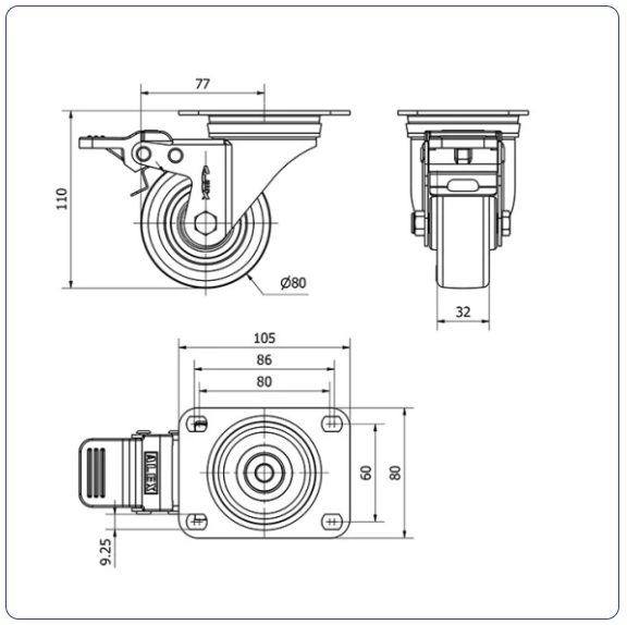 PU zwenkwiel geremd met topplaat - 80mm - 150kg Rollen