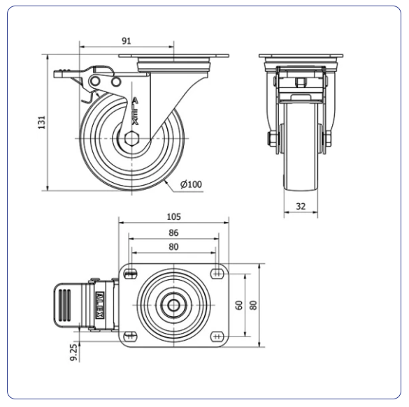 PU zwenkwiel geremd met topplaat - 100mm - 180kg Rollen
