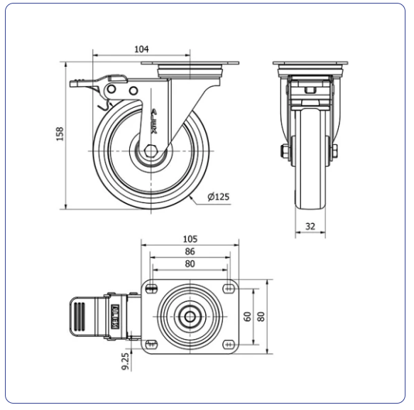 PU zwenkwiel geremd met topplaat - 125mm - 180kg Rollen