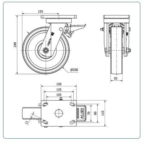 Nylon zwaarlast zwenkwiel geremd met topplaat- 200mm - 1000kg Kogellager