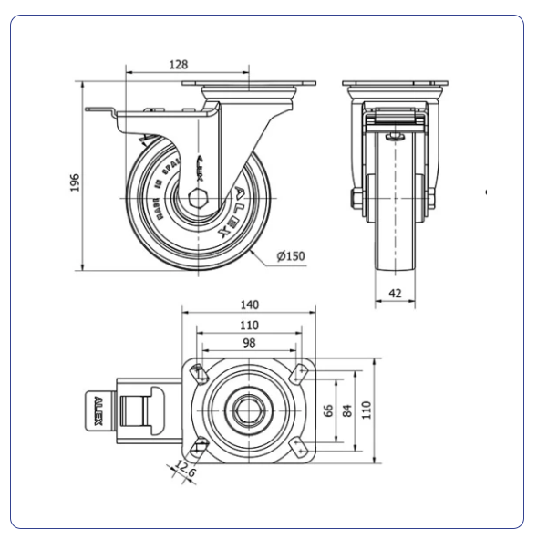 PU zwenkwiel geremd met topplaat - 150mm - 300kg Rollen