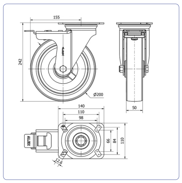 PU zwenkwiel geremd met topplaat - 200mm - 400kg Rollen