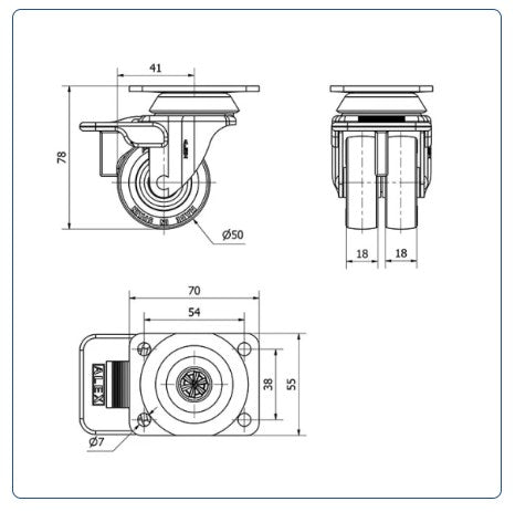 Rubber dubbel zwenkwiel geremd met topplaat - 50mm - 70kg