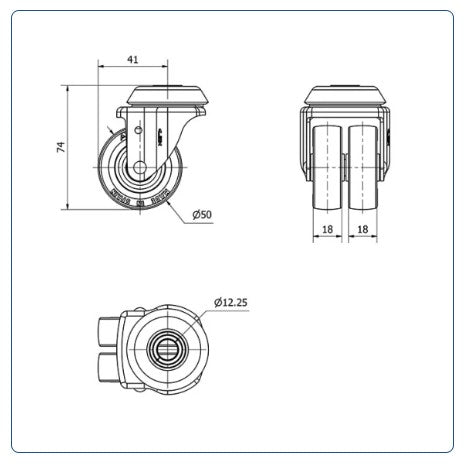 Rubber dubbel zwenkwiel met centraal gat - 50mm - 70kg