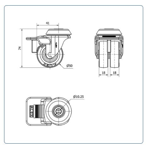 Rubber dubbel zwenkwiel met centraal gat - 50mm - 70kg