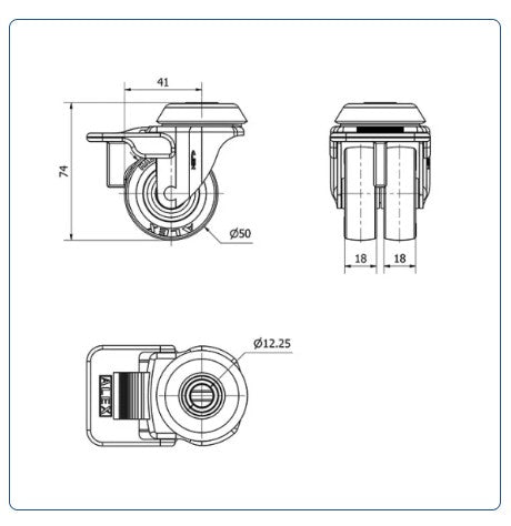 Rubber dubbel zwenkwiel met centraal gat - 50mm - 70kg (Copia)