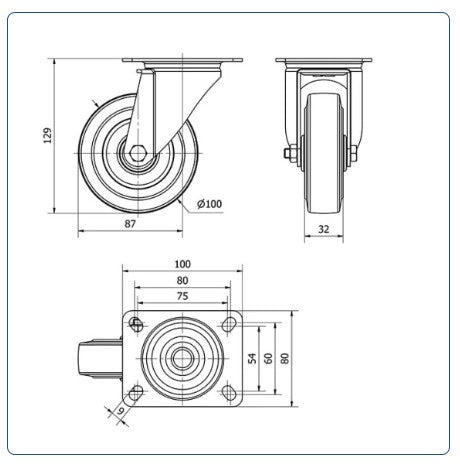 Blauw rubber zwenkwiel met topplaat - 100mm - 120kg Rollen