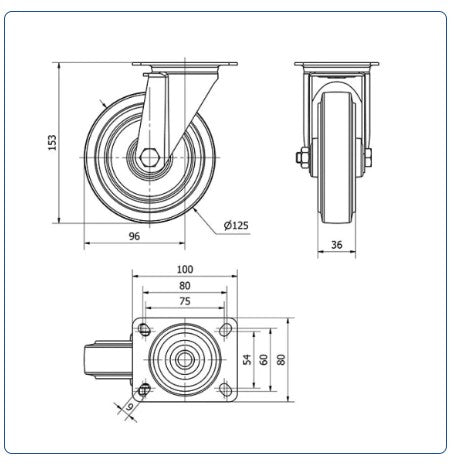 Blauw rubber zwenkwiel met topplaat - 125mm - 150kg Rollen