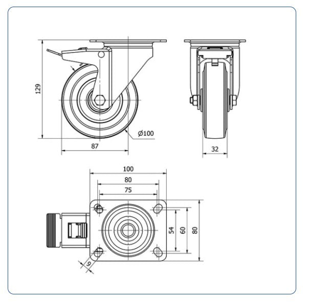 Blauw rubber zwenkwiel geremd met topplaat - 100mm - 120kg Rollen