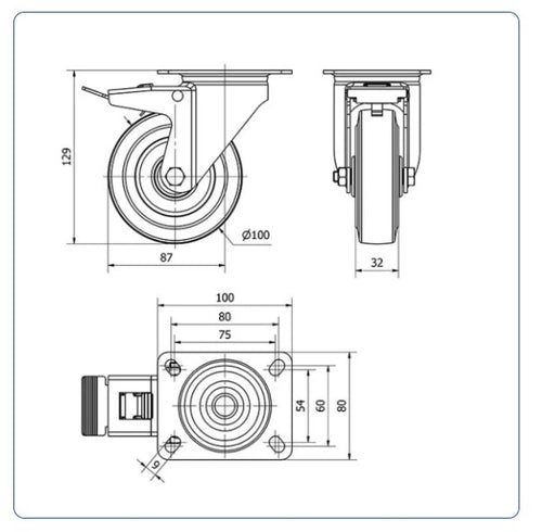 Blauw rubber zwenkwiel geremd met topplaat - 100mm - 120kg Rollen