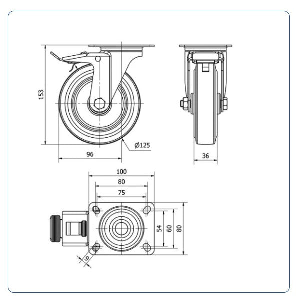 Blauw rubber zwenkwiel geremd met topplaat - 125mm - 150kg Rollen