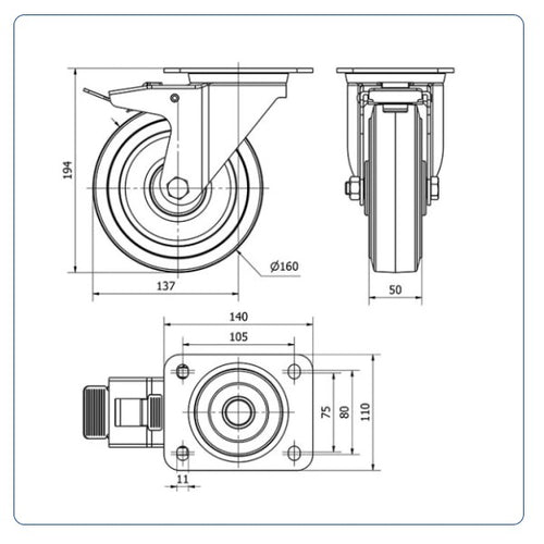 Blauw rubber zwenkwiel geremd met topplaat - 160mm - 250kg Rollen