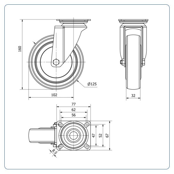 TPR rubber zwenkwiel met topplaat - 125mm - 100kg - Kogellager