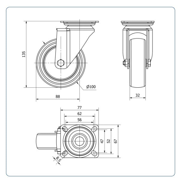 TPR rubber zwenkwiel met topplaat - 100mm - 100kg