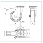 TPR rubber zwenkwiel geremd met topplaat - 100mm - 100kg