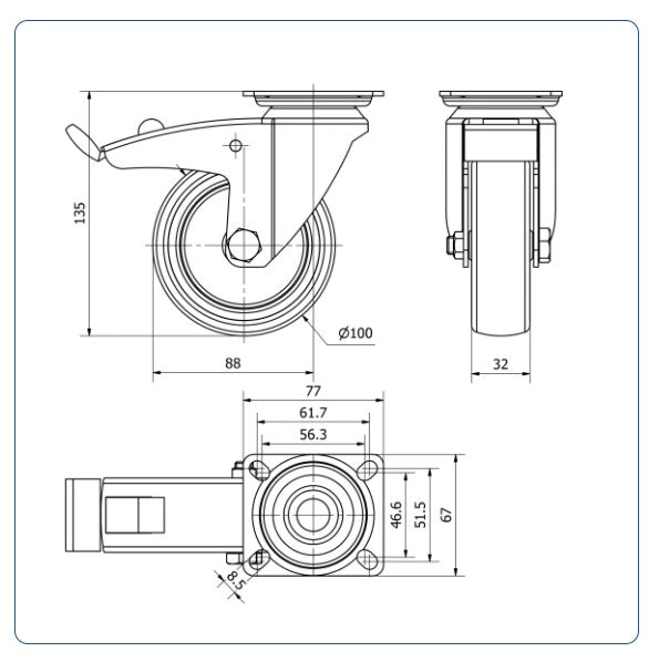 TPR rubber zwenkwiel geremd met topplaat - 100mm - 100kg