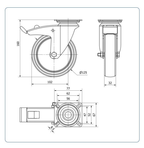 TPR rubber zwenkwiel geremd met topplaat - 125mm - 100kg