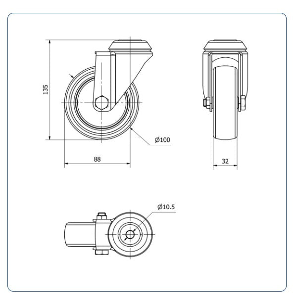 TPR rubber zwenkwiel met centraal gat - 100mm - 100kg