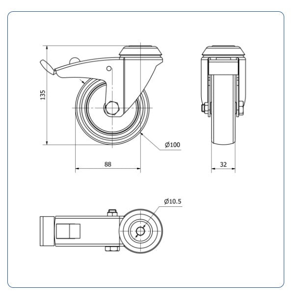 TPR rubber zwenkwiel geremd met centraal gat - 100mm - 100kg