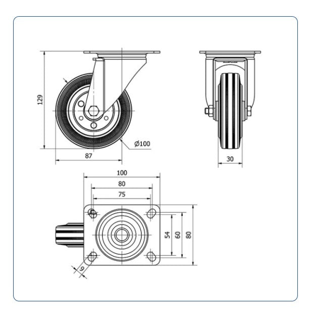 Rubber zwenkwiel met topplaat - 100mm - 90kg Rollen