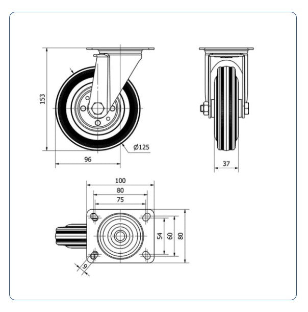 Rubber zwenkwiel met topplaat - 125mm - 120kg Rollen