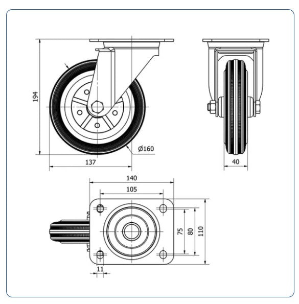 Rubber zwenkwiel met topplaat - 160mm - 160kg Rollen