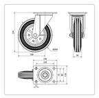 Rubber zwenkwiel met topplaat - 200mm - 205kg Rollen