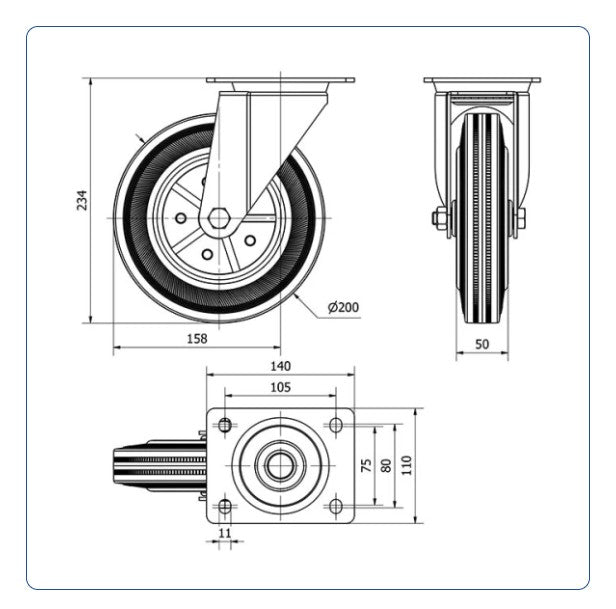 Rubber zwenkwiel met topplaat - 200mm - 205kg Rollen