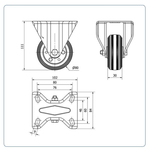 Rubber bokwiel  - 80mm - 70kg Rollen